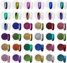 Artdone 36 Jars Chrome Nail Powder Magic White Pearl Kit Mirror Effect Silver Metallic Holographic Dip Nail Powder For Resin Craft & Nail Art Decoration Iridescent Aurora Mermaid Pigment
