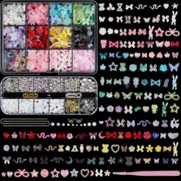 Artdone Nail Art Studs Glitter Kit, 2 boxes Multicolor 3D Charms Flower Butterfly Snake Rabbit Diamond Cute Nail Jewels for DIY Decoration with Pickup Tools