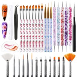 Artdone 34pcs Nail Art Brushes, Nail Art Tool Set, Dotting Tools, Dust Striping Brushes for Long Lines, Drawing Pen Kit For Gel Polish Design Supply