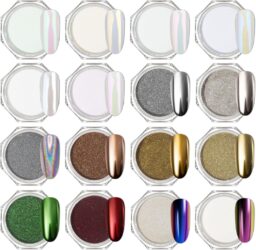 Artdone Chrome Nail Powder 16 Colors, Iridescent Aurora Chameleon Powder Metallic Mirror Effect Pigment Pearlescent Mermaid Pearl Glitter Dust Kit, Nail Art Decoration, Resin Craft
