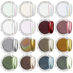 Artdone 16Jars Chrome Nail Powder Magic White Pearl Kit Colored Mirror Effect Silver Gold Metallic Stuff Holographic Dip Nail Pigment Powder For Resin Craft & Nail Art Accessories Decoration Supplies