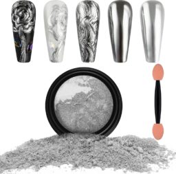 Artdone Chrome Nail Powder, Silver Iridescent Aurora Powder Metallic Mirror Effect Pigment Pearlescent Mermaid Pigment Pearl Glitter Dust Kit, Nail Art Decoration, Resin Craft